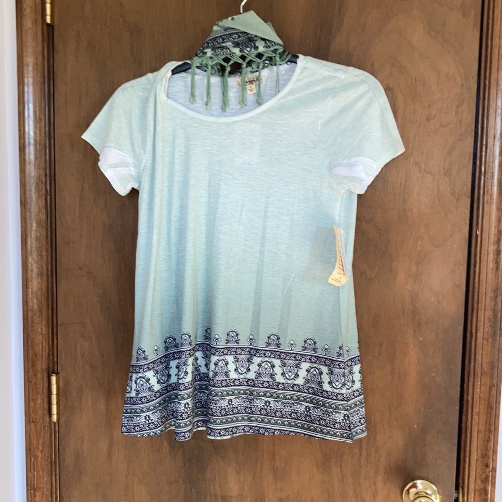 One World ombre sage top w boho print & matching scarf w fringe S - Picture 6 of 13